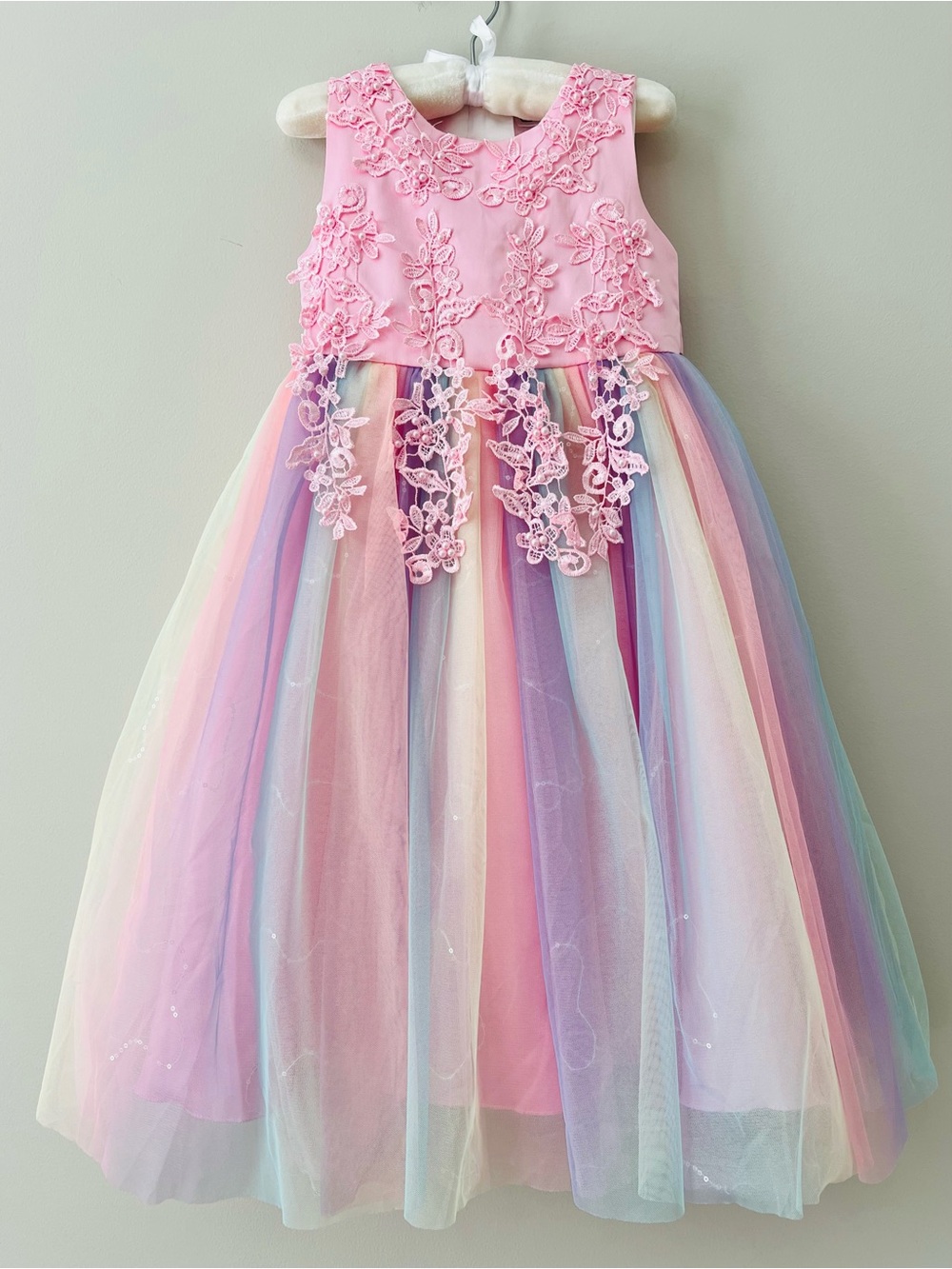 Girls Pastel Rainbow Tulle Princess Dress Pink Lace Bodice Size 110 (4/5T)